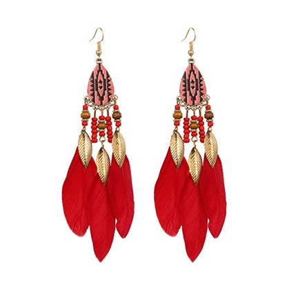 Dreuyet Boho Long Feather Drop Dangle Earrings for Women Retro Bohemian Ethnic Fringe Multicolor Tassel Feather Earring Handmade Statement Dream Catcher Earrings Jewelry - color: Red Teardrop