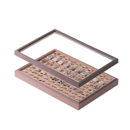 Wood Jewelry Organizer Tray, Rings Holder (Brown, 2Pc, Glass Lid) | Glass Top Rings Display, Dust-Proof Rings Organizer, Rings Tray Display, Elegant Jewelry Storage - size: Rings+Lid