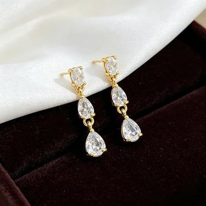 Dangle Earrings for Women, Dainty Teardrop Drop Earrings 14K CZ Flower Gold Earrings for Women Trendy Bridal Earring Set Hypoallergenic Stud Dangly Earring Stack Wedding Prom Fashion Jewelry - color: 3cz drop earrings