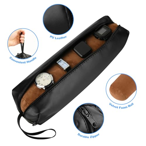 Cosmos Black Color PU Leather Watch and Bracelet Travel Storage Roll Bag with Brown Removable Tube Velvet Holder - color: Roll Bag-PU Leather