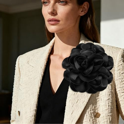 Black Extra Large Flower Brooches Lapel Pins 17.5mm Handmade Dainty Satin Fabric Rose Big Camellia Flower Brooch Pin for Women Christmas Wedding Bridal Birthday Dance Clothes Accessories Jewelry