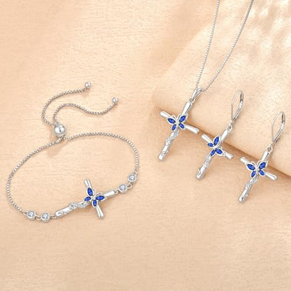 Cross Necklace for Women 925 Sterling Silver Butterfly Necklace Birthstone Pendant Created Gemstone Jewelry Gifts for Women - color: 09 September - Sapphire