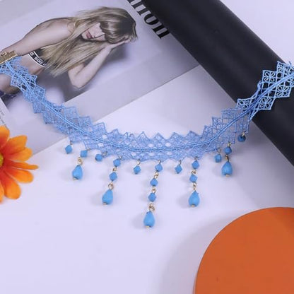 Gothic Necklace for Women Goth Lace Necklace Choker Halloween Witch Accessories Velvet Vampire Jewelry - color: Blue