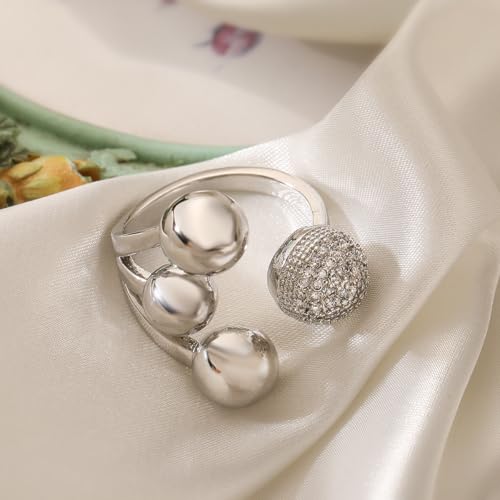 18K Gold Plating Ball Statement Ring Charm Cubic Zirconia Adjustable Open Band Jewelry for Women - color: Silver