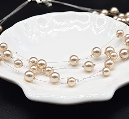 FULU AUTUMN Layered Pearl Necklace Multi-strand Pearl Choker Necklaces for Women Beaded jewelry for Wedding Parties - color: Champagne