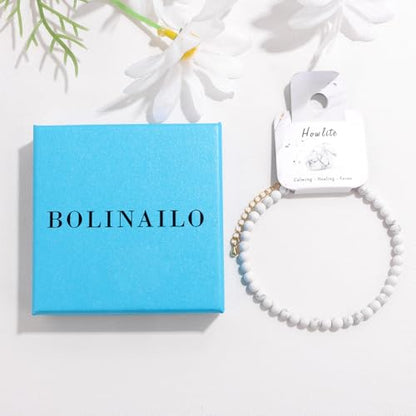 Natural Stone Beaded Anklets for Women, Handmade Boho Clear Quartz 4mm Crystal Beads Anklet, Gold Chain Adjustable Ankles Bracelet, Beach Summer Jewelry Gemstone Foot Bracelet Gift - color: Howlite
