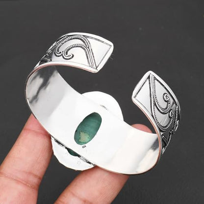 Silver Plated Statement Cuff Bangle Bracelet for Women – Handcrafted Wide Boho Bracelet with Natural Stone Inlay (Abalone Shell, Blue Turquoise, Malachite) Ideal Gift For Birthday Anniversaries Adjustable Fashion Jewelry - color: Malachite