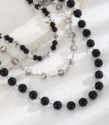 Noessla Layered Beaded Necklaces for Women - 3 Strand Boho Statement Choker Fashion Jewelry Gifts - color: Black