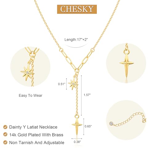 CHESKY Lariat Necklace for Women，14k Gold/Sliver Plated Layered Necklace | Gold/Sliver Long Necklace，Dainty Cross Pendant, Wedding Y-Shaped Drop Chain, Waterproof Jewelry Gift for Women Everyday Wear - style: Ystar