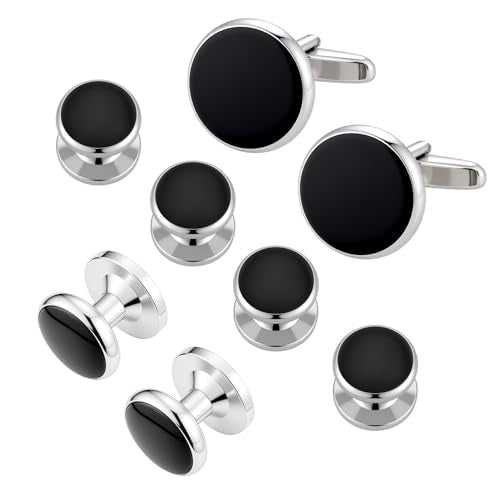 Cufflinks for Men and Tuxedo Shirt Studs Set with Gift Box Stainless Steel Cuff links - style: Silver/Black-2+6