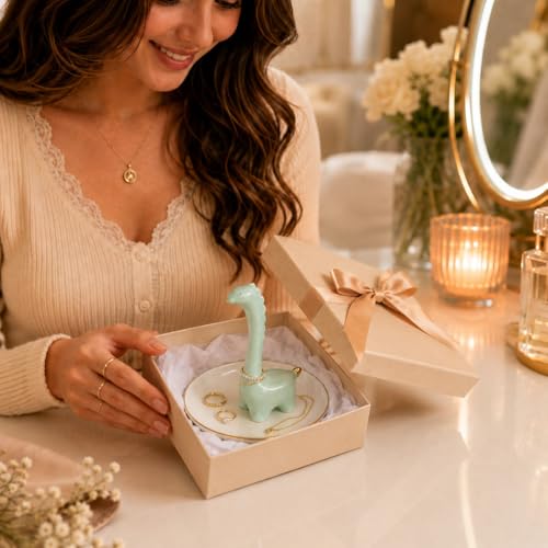 Ring Holder Dinosaur Jewelry Dish, Ceramic Dino Trinket Tray for Rings Earrings Necklace Bracelet, Animal Organizer for Vanity Nightstand Bathroom - color: Dinosaur