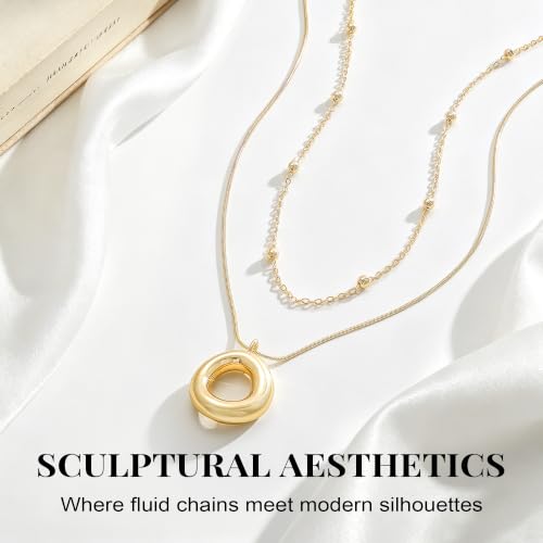 14K Gold/Silver Plated Dainty Snake Chain Layered Necklace for Women | Irregular Oval Pendant Minimalist Dainty Statement Gold Layering Everyday Jewelry - color: Gold - Textured
