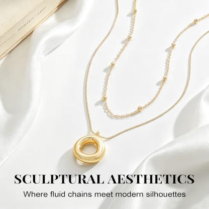14K Gold/Silver Plated Dainty Snake Chain Layered Necklace for Women | Irregular Oval Pendant Minimalist Dainty Statement Gold Layering Everyday Jewelry - color: Gold - Textured