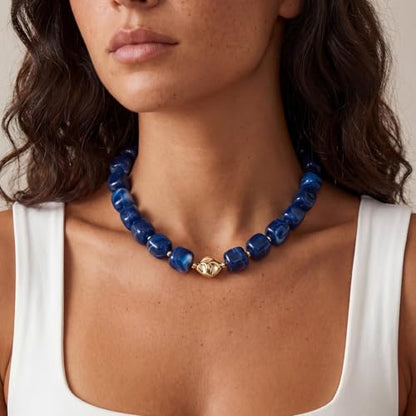 Beaded Necklaces for Women Boho Chunky Necklace Statement Big Resin Bead Choker Fashion Summer Beach Jewelry - color: Royal Blue