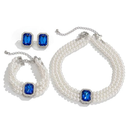 Wekicic Faux Pearl Necklace Earrings Set for Women Crystal Pearl Choker Necklace Bracelet Set 1920s Jewelry for Wedding Party - color: Blue