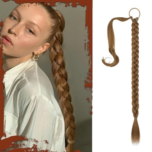 Long Braid Ponytail Extension with Hair Tie Straight Sleek Wrap Around Hair Extensions Braid Pony Tail Fluffy Natural Soft Synthetic Hairpieces for Women Daily Wear, 26 inch-Dark Blonde - color: Dark Blonde, size: 26 Inch (Pack of 1)
