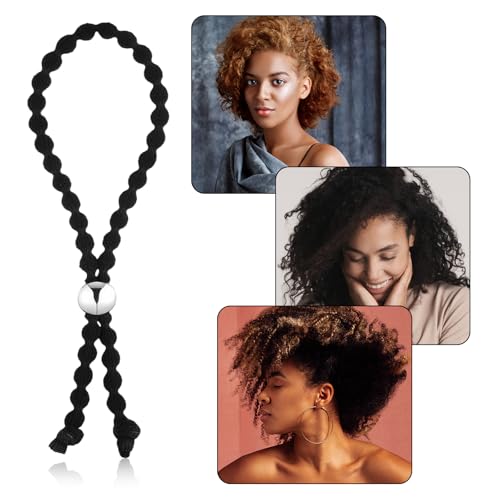 6 Piece Adjustable No-Slip Hair Ties Black Drawstring Hair Accessories Silk Soft Afro Puff Cuff Drawstring Ponytail Holders Satin Hairband Black Elastic Hairs Scrunchies for Curly Thick Heavy Hairs