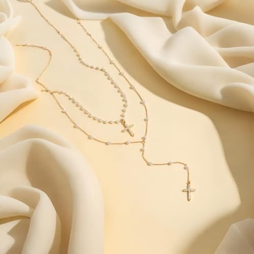 Layered Pearl Beaded Cross Necklace Minimalistic Dainty Gold Pendant Set with Crystal Cross Charm Christian Jewelry Gift for Women