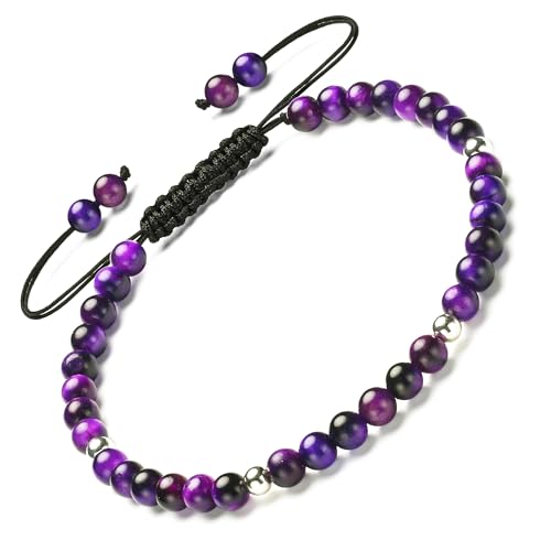 Natural Stone&925 Sterling Silver/18K Gold Anklet,│4MM│9-12 in│, Hand Woven, Adjustable Size - color: 925 Sterling Silver&Violet Tiger's Eye,4MM