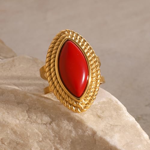 Natural Stone Chunky Rings,Black Obsidian,Red Agate, Carnelian 18k Gold Plated Stainless Steel Stackable Party Rings for Women - style: Red Agate