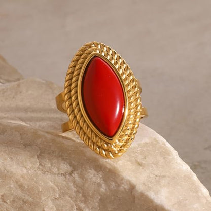 Natural Stone Chunky Rings,Black Obsidian,Red Agate, Carnelian 18k Gold Plated Stainless Steel Stackable Party Rings for Women - style: Red Agate