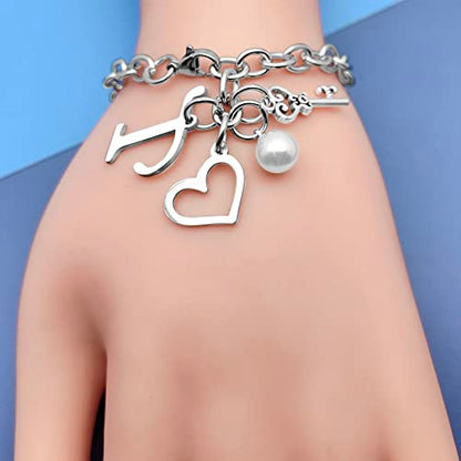 Initial A-Z Bracelets Gift for Women Girls Stainless Steel Chain Bracelet 26 Alphabet Jewelry Gifts for Birthday Anniversary Letter Bracelet Monogram Gifts for Sister Friend Girlfriends Mom 8.26 Inch - color: T