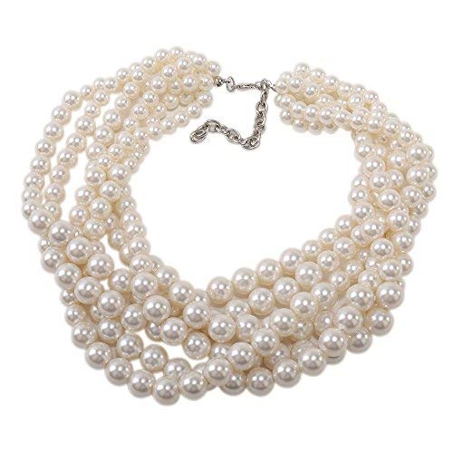 Kalse Simulated Pearl White Beads Cluster Statement Chunky Bib Short Choker Necklace 16 17 18 inch