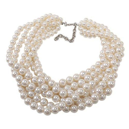 Kalse Simulated Pearl White Beads Cluster Statement Chunky Bib Short Choker Necklace 16 17 18 inch