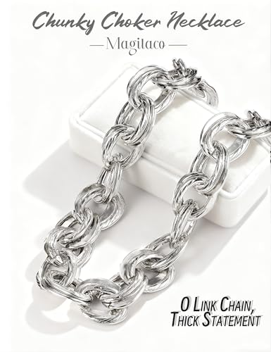 Magitaco Chunky Choker Necklace for Women, Cuban Link Chain Thick Statement Necklace, Big Double O Link Necklaces Women's Trendy Jewelry for Ladies - color: Sliver color