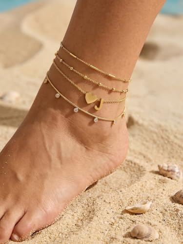 Ankle Bracelets for Women Waterproof 14K Gold/Silver/Black Initial Anklet for Women Dainty Layered Heart Ankle Bracelets Stainless Steel Adjustable Foot Chain Anklet Summer Beach Jewelry - color: J-Gold