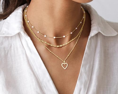 MFRYK Gold Necklaces for Women,14K Gold/Silver Plated Choker Layered Necklace Dainty Pearl Disc Cross Circle Heart Pendant Chain Stackable Necklaces, Multilayer Jewelry Set Gifts for Women - style: 3Layered Preal Heart-GD