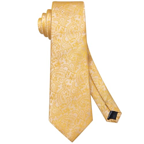 Hi-Tie Men's Silk Ties Formal Woven Classic Necktie Pocket Square Cufflinks Lapel Pin Set Wedding Business - color: A Yellow