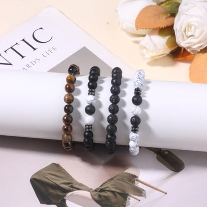 Giovanchi 4-12PCS Bracelets for Men, 8MM Mens Bracelets Lava Rock Black Obsidian Howlite Tiger Eye Beaded Natural Stone Bracelet Jewelry Gifts for Birthday Christmas - style: 4Pcs D