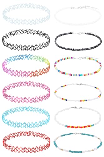 BodyJ4You 12PC Tattoo Choker Necklace - 90s Accessories 2000s Jewelry Y2K Fashion Vintage Trendy - Rainbow Goth Black Pink Green Blue White - Adjustable Stretchy Elastic Necklace Summer Vacation Set - color: Multi