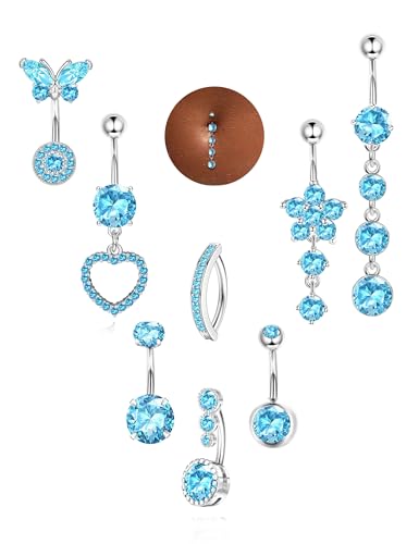 ORAZIO Gold Belly Button Ring Dangle Hypoallergenic Surgical Stainless Steel Belly Rings for Women 14G Belly Button Piercing Cute Navel Ring Belly Piercing Jewelry - color: Light Blue