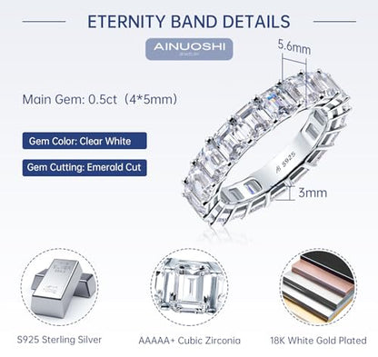 AINUOSHI Eternity Ring, 925 Sterling Silver Engagement Promise Ring for Women,Emerald Oval Radiant Round Cushion Cut Cubic Zirconia CZ Fine Ring,Stackable Full Eternity Wedding Band - color: Emerald Cut