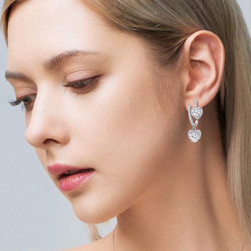 SAVORI 14K Gold Plated Heart CZ Drop Earrings for Women, 925 Sterling Silver Half Hoop Huggie Earrings with Dangling Heart Halo CZ Charm, Hypoallergenic Love Dangle Earrings, Everyday & Bridal Jewelry Gifts - color: Silver