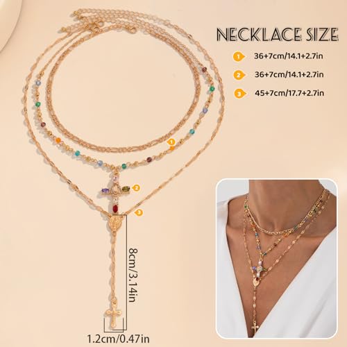 Layered Cross Necklace Set for Women, Layered Choker Necklaces Trendy Jewelry, Colorful Enamel Beaded Y-Shaped Lariat Necklace, Boho Multilayer Cross Necklace for Party and Daily Wear - color: Gold-10