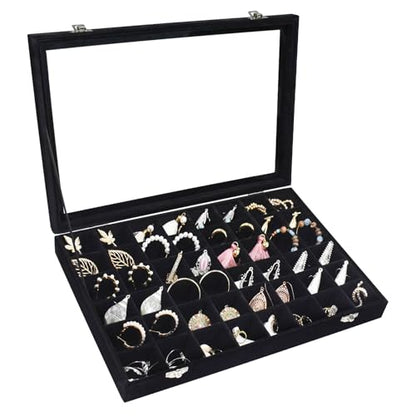 Siveit Velvet Jewelry Tray 48 Grid Jewelry Display Tray Organizer Box with Transparent Lid Rings Earrings Necklaces Pendants Display Box Suitable for Women and Girls (Black) - color: Black