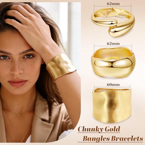 Chunky Gold Bangles Bracelets for Women, 14k Gold Plated Hinged Big Stackable Bangles Set, Trendy Wide Statement Cuff Bracelets Stack Fashion Jewelry Gifts - color: Gold-3pcs-Styles-3