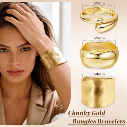 Chunky Gold Bangles Bracelets for Women, 14k Gold Plated Hinged Big Stackable Bangles Set, Trendy Wide Statement Cuff Bracelets Stack Fashion Jewelry Gifts - color: Gold-3pcs-Styles-3