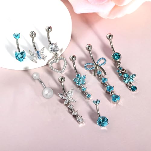 Suotarn 14G Belly Button ring Dangle Belly Rings Surgical Stainless Steel Cute Bow Butterfly Heart Flower Dangling Belly Button Piercing Jewelry For Women Silver Dainty Dangly Navel Ring - color: aqua