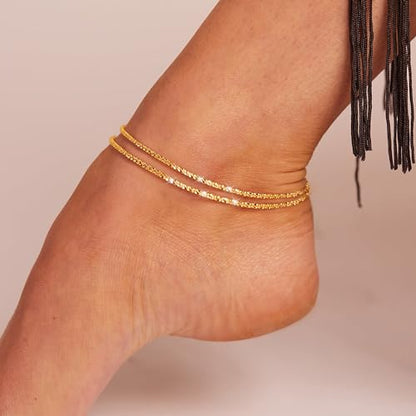 Freekiss Sparkle Glitter Waterproof Ankle Bracelets for Women Trendy | Dainty Layered Anklet for Women Adjustable Womens Anklet Set Stackable Beaded Cuban Link Anklets Beach Jewelry for Women - color: ANKLET-Layered sparkle glitter-GD