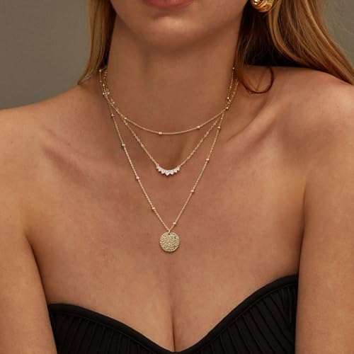 Layered Gold Silver Necklaces for Women, Stackable Stack 14K Real Gold Plated Silver Chain Necklace Diamond Circle CZ Layering Pendant Necklaces Trendy Gold Jewelry Set Gifts - color: gold, style: 3PC-CZ
