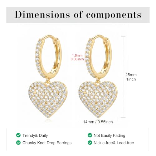 SAVORI 14K Gold Plated Sterling Silver Pave CZ Heart Huggie Hoop Earrings, Hypoallergenic Romantic Dangle Jewelry Gifts for Women - color: Gold