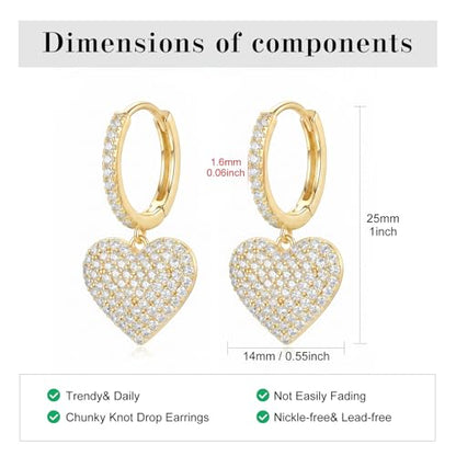 SAVORI 14K Gold Plated Sterling Silver Pave CZ Heart Huggie Hoop Earrings, Hypoallergenic Romantic Dangle Jewelry Gifts for Women - color: Gold
