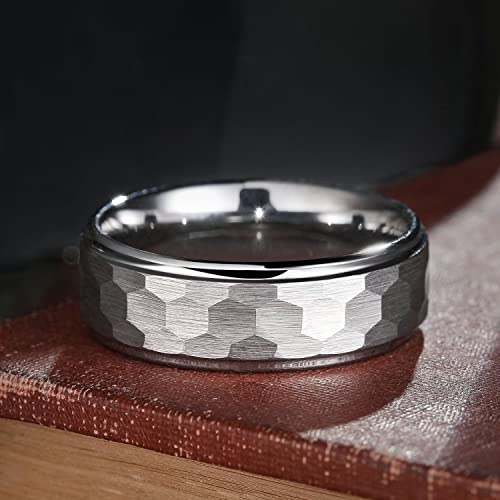 King Will Hammered 8mm Silver Tungsten Ring Hammer Men Wedding Band Comfort Fit - color: domed