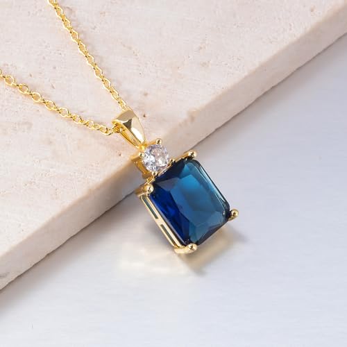 CiNily Rectangular Crystal Necklace for Women Trendy, Pendant Necklace with Chain 14K White Gold | Gold Plated Multicolor Birthstone Pendant Necklaces Boho Jewelry for Christmas Birthday Wedding - color: Gold-Navy Blue cz