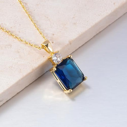 CiNily Rectangular Crystal Necklace for Women Trendy, Pendant Necklace with Chain 14K White Gold | Gold Plated Multicolor Birthstone Pendant Necklaces Boho Jewelry for Christmas Birthday Wedding - color: Gold-Navy Blue cz