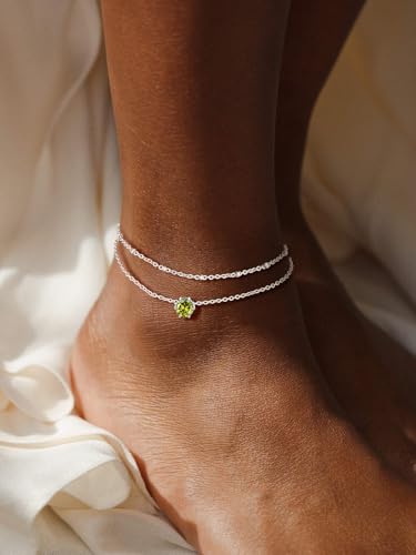 U7 Silver Ankle Bracelet for Women, Waterproof Layered Ankle Round Gem Birthstone Anklets, Summer Beach Foot Jewelry, Adjustable 8.5"-10.5" - color: 08.August-Peridot Yellow